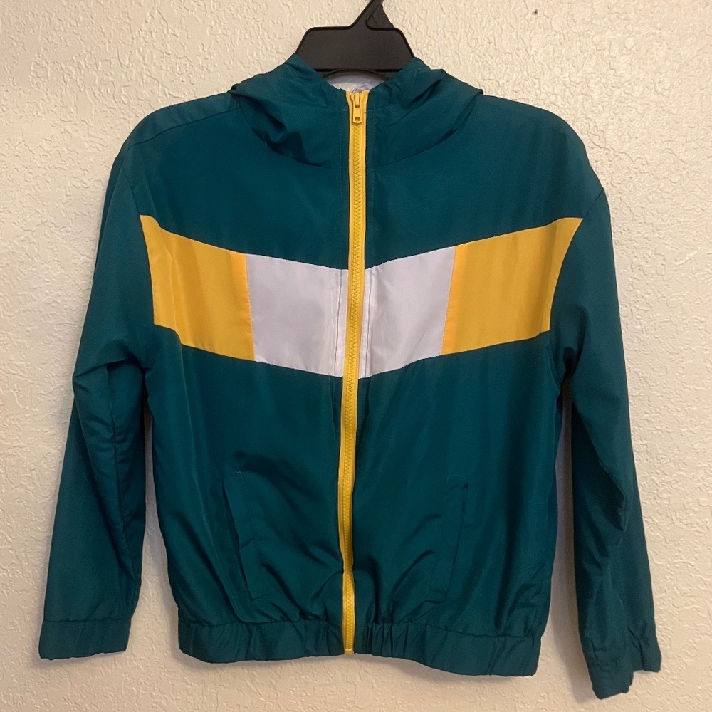 Stella Tweed Girls Windbreaker w/Hood Front Zip Green, Whte, and Yellow - Size L